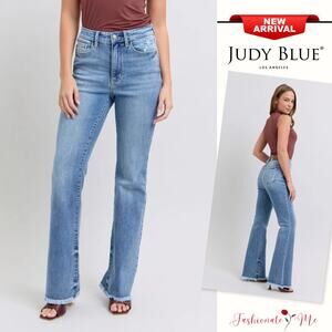 Judy Blue Raw Hem Detail High Rise Zipper Fly Medium Wash Bootcut Denim Jeans
